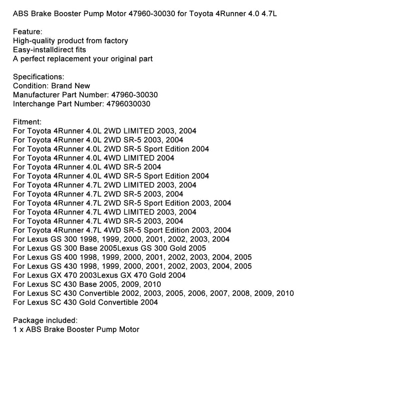 Lexus SC 430 Convertible 2002, 2003, 2005-2010 Motor de bomba de refuerzo de freno ABS 47960-30030 Fedex Express