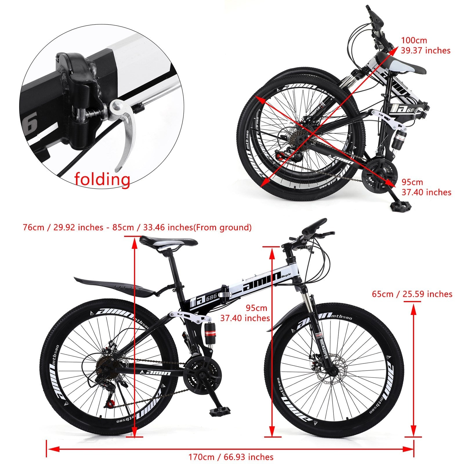 26 Inch Folding Mountain Bike White&Black