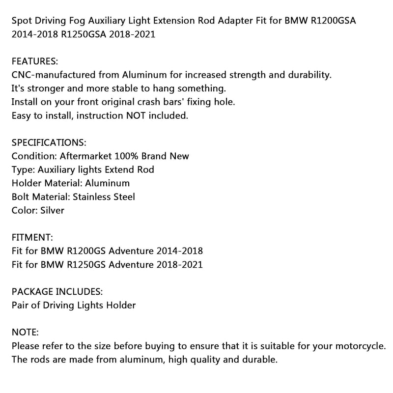 Spot Fog Driving Light Rod Holder Fit for BMW R1200GSA 2014-2018 R1250GSA 18-21 Silver