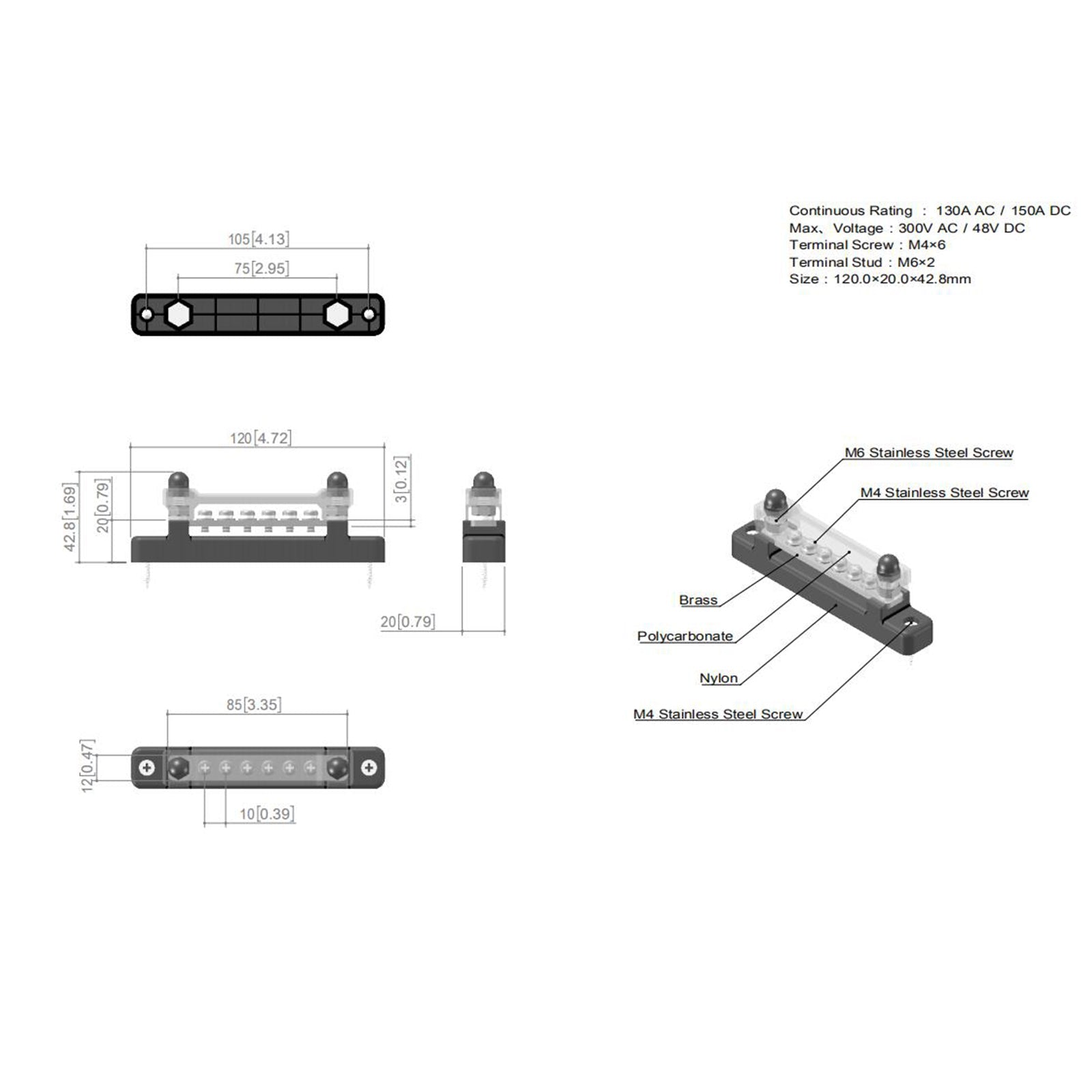 6 Way 150A Distribution Terminal Block Car Marine Boat Holder Cover 48V Bus Bar