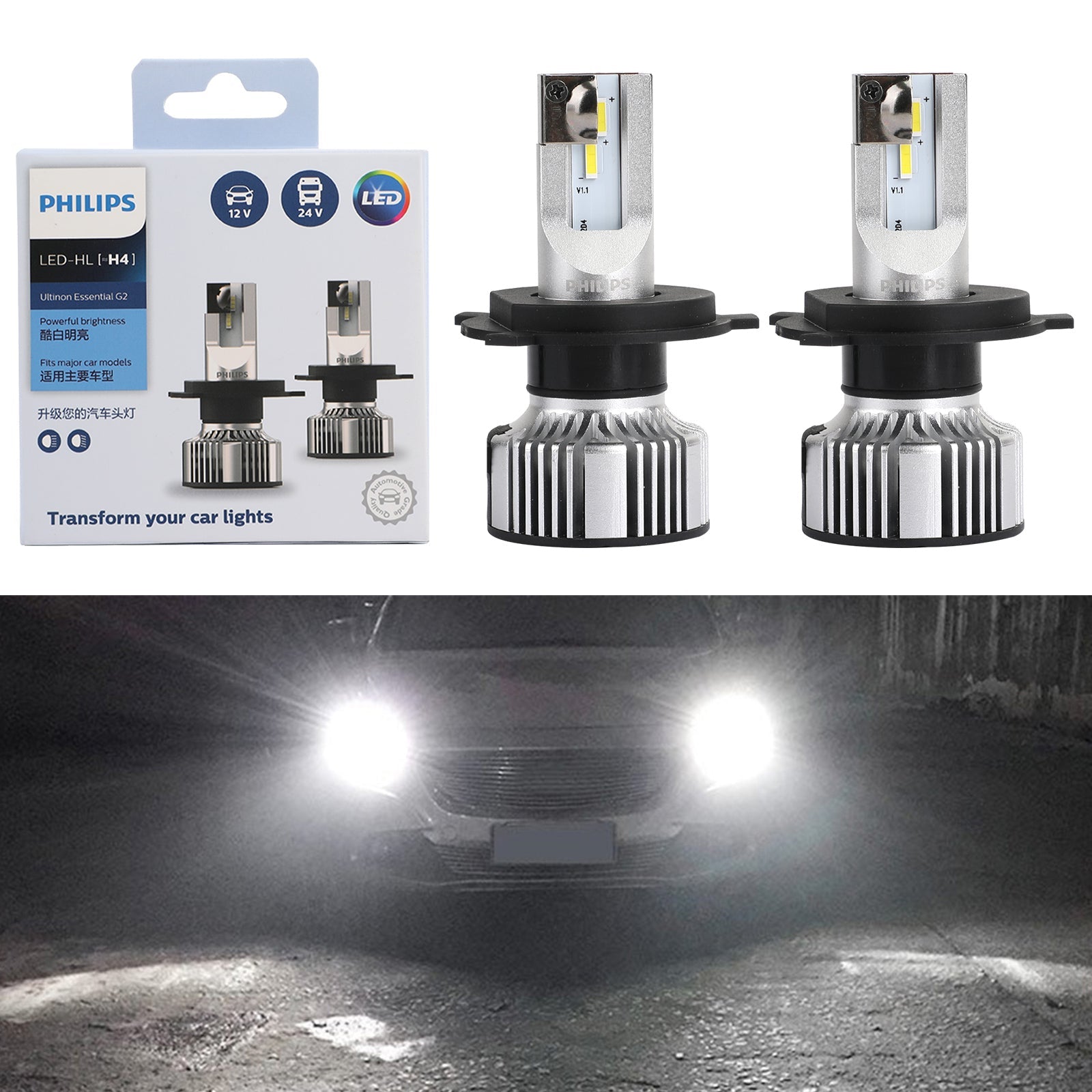 Philips H4 Led Ultinon Essential Car White Headlight Bulbs 6500K 21W 2Pcs