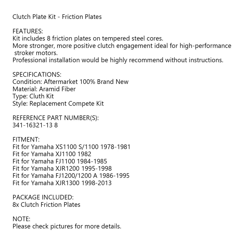 Clutch Friction Plate Kit Set For Yamaha XS1100 FJ1200 XJ1100 XJR1200 XJR1300 Generic