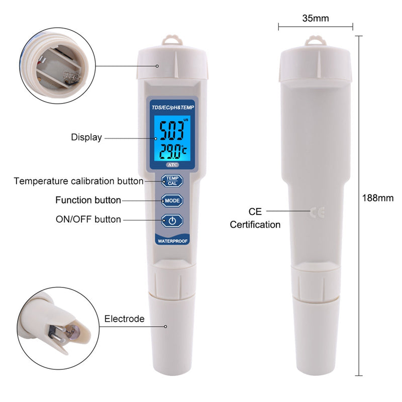 4In1 PH/TDS/EC/مقياس الحرارة أداة اختبار مراقبة جودة المياه الرقمية