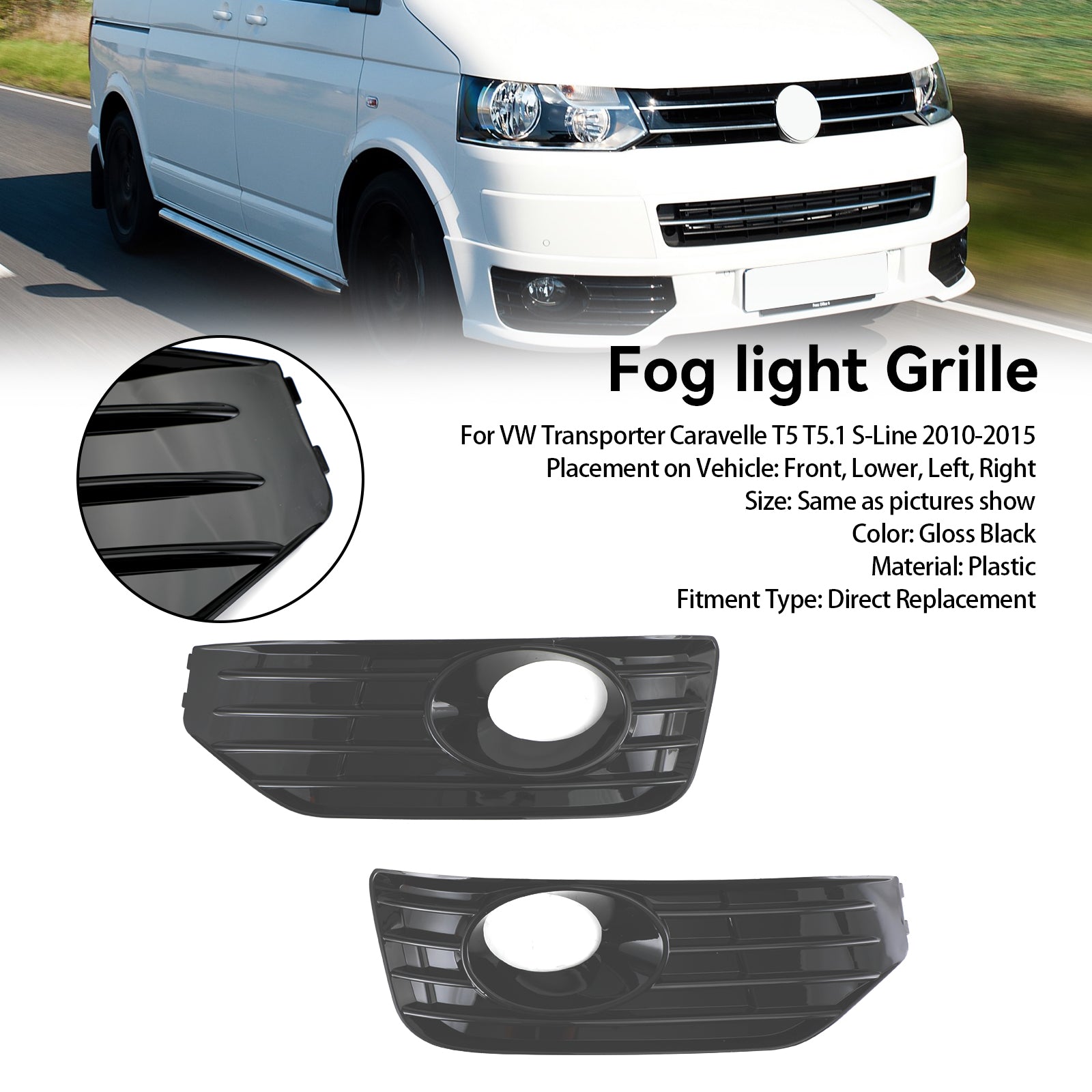 VW T5 T5.1 2010-2015 Cubierta de luz antiniebla negra brillante Insertar rejilla S-line