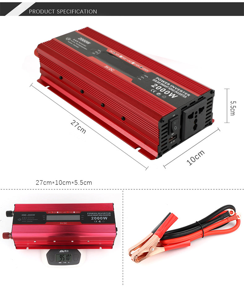 Convertidor de potencia para coche, inversor DC 12V a AC 220V LCD 2000W, transformador, pantalla LED