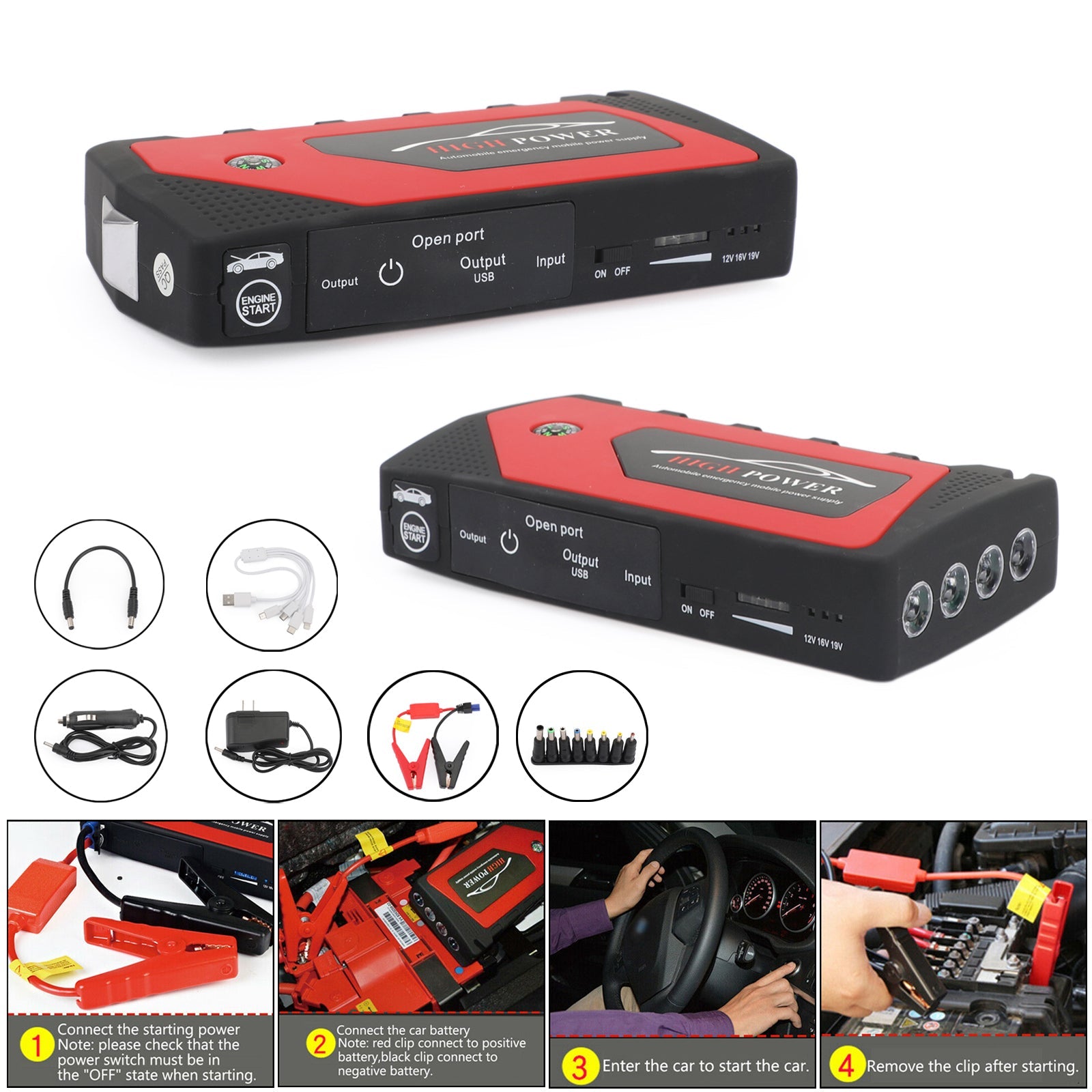 Power Bank Battery Booster Clamp Kits 69800mAh Car Jump Starter Portable 4-USB