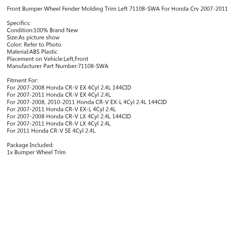 المصد الأمامي لعجلة المصد الأمامي الأيسر 71108-SWA لسيارة Honda Crv 2007-2011 Generic