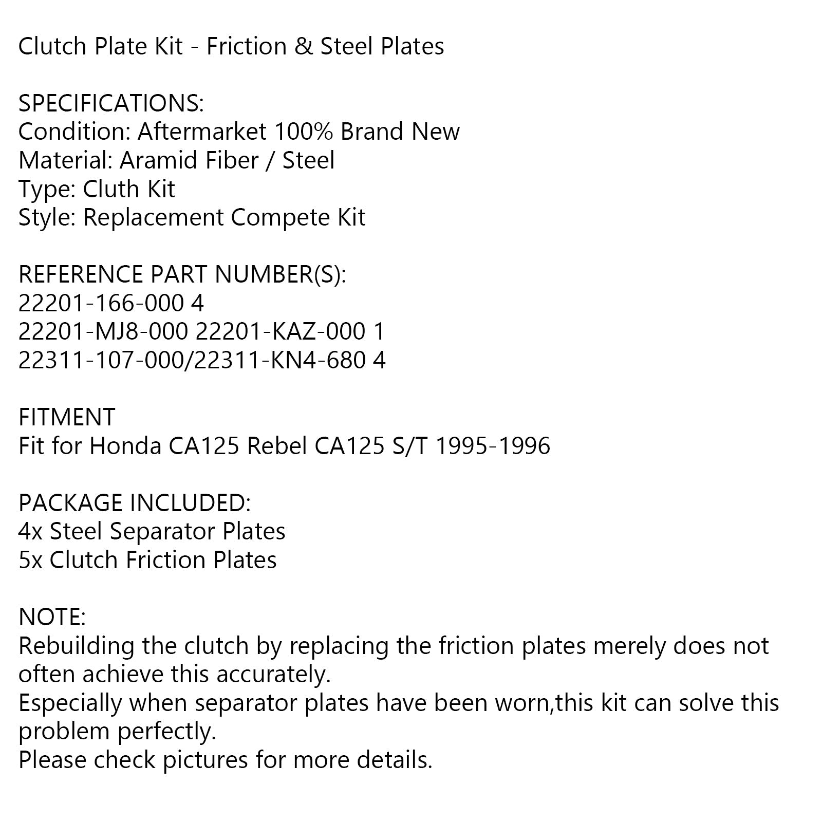 Clutch Kit Steel & Friction Plates for Honda CA125 Rebel CA125 S/T 1995-1996 Generic