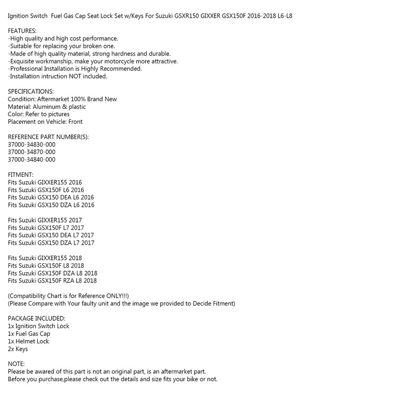 Juego de bloqueo de tapa de combustible de interruptor de encendido para Suzuki GSX150 GIXXER155 2016-2018 genérico