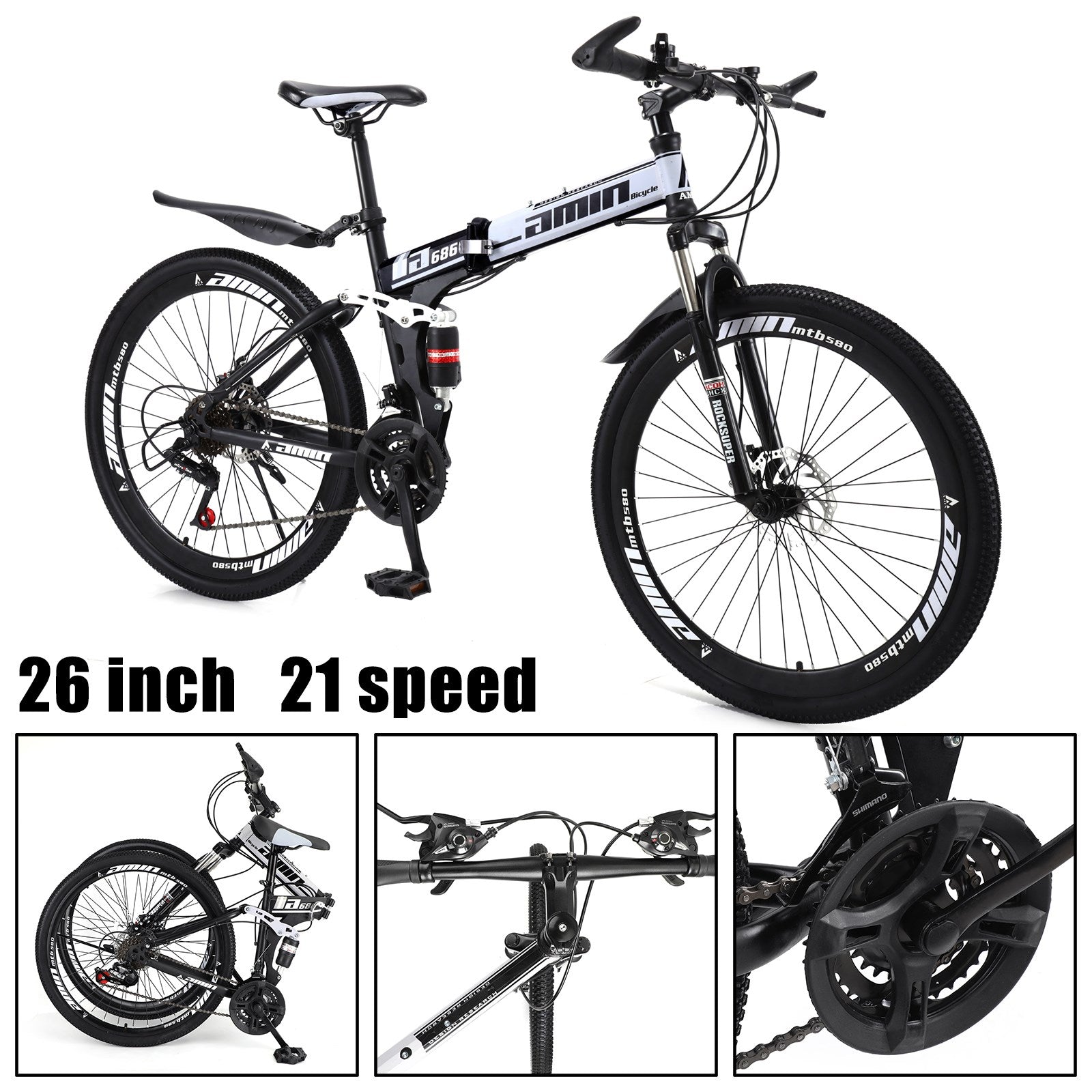 26 Inch Folding Mountain Bike White&Black