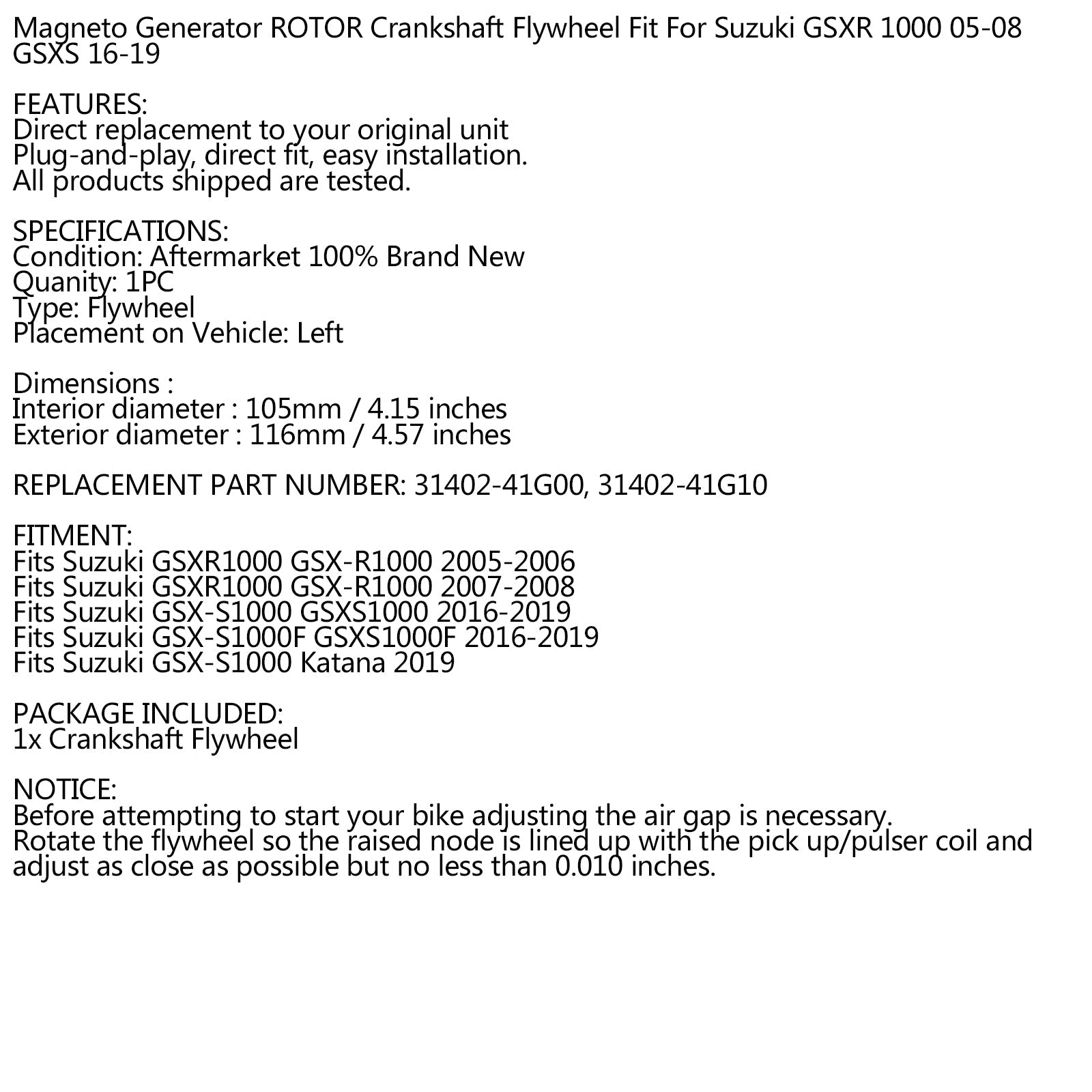 دولاب الموازنة مولد مغناطيسي الدوار لسوزوكي GSX-R 1000 31402-41G00 31402-41G10 عام