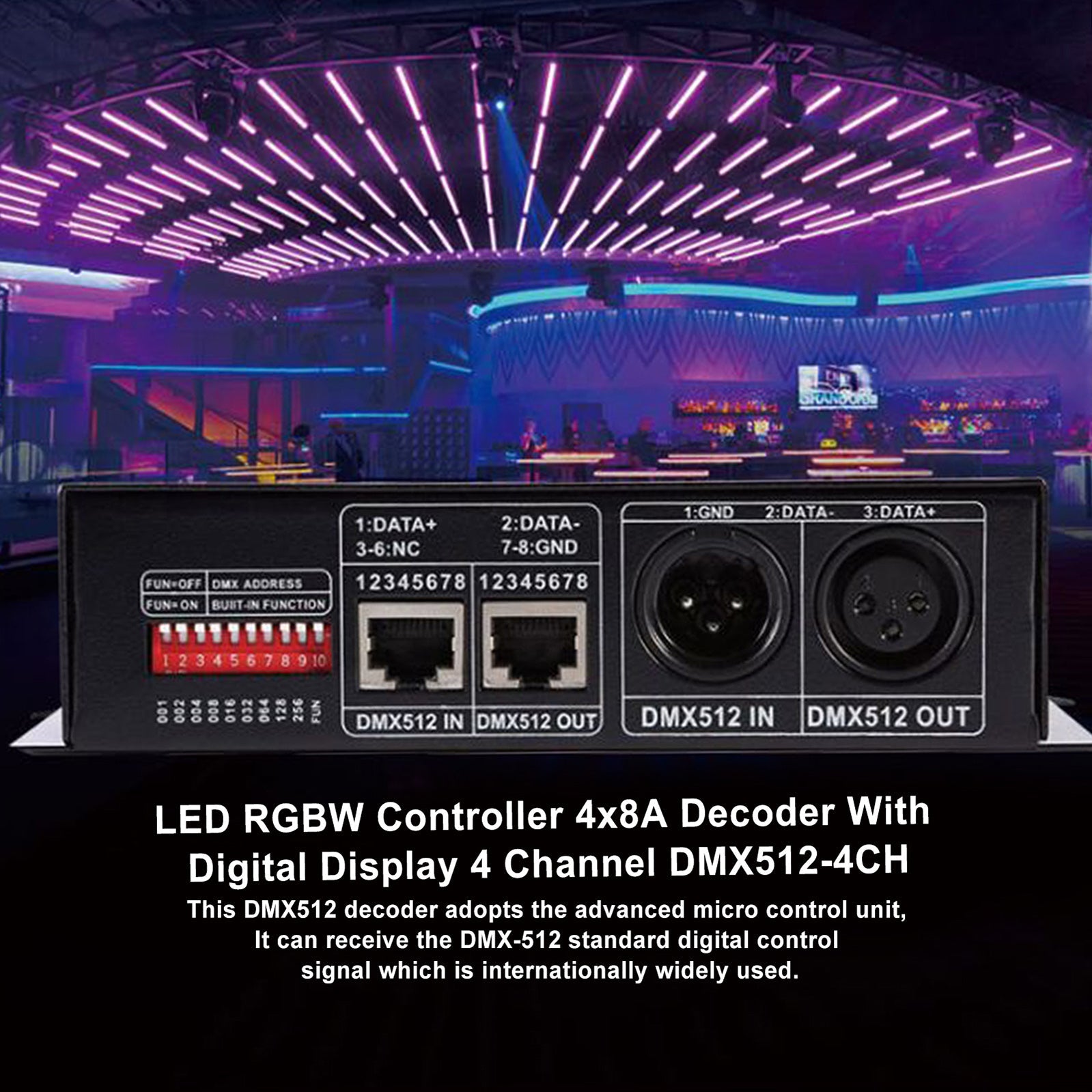 Controlador LED RGBW 4x8A Decodificador con pantalla digital 4 canales DMX512-4CH