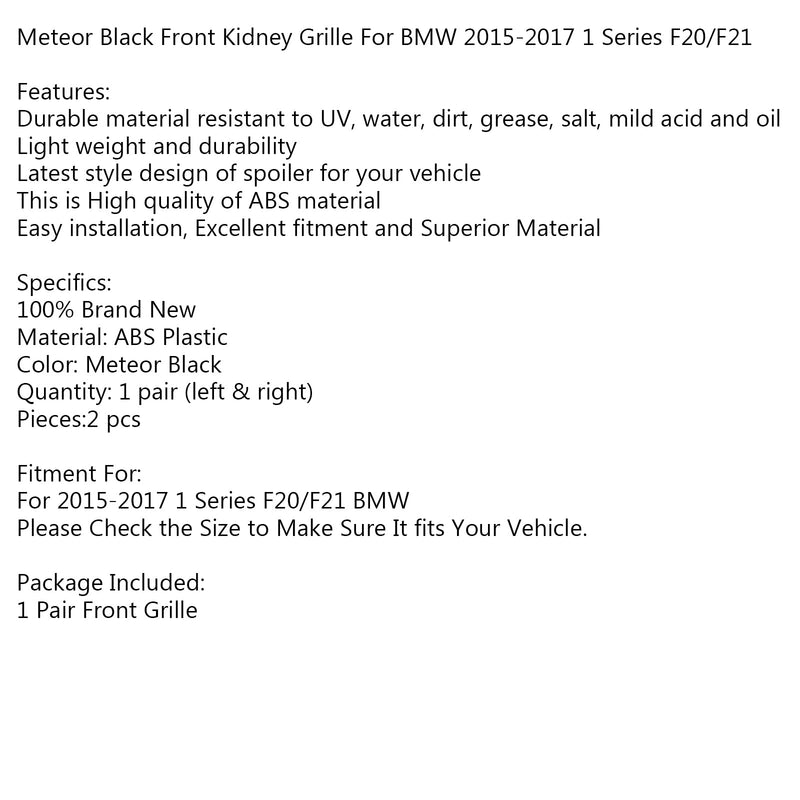 Rejilla de riñón delantera negra Meteor para BMW 2015-2017 Serie 1 F20/F21 genérico