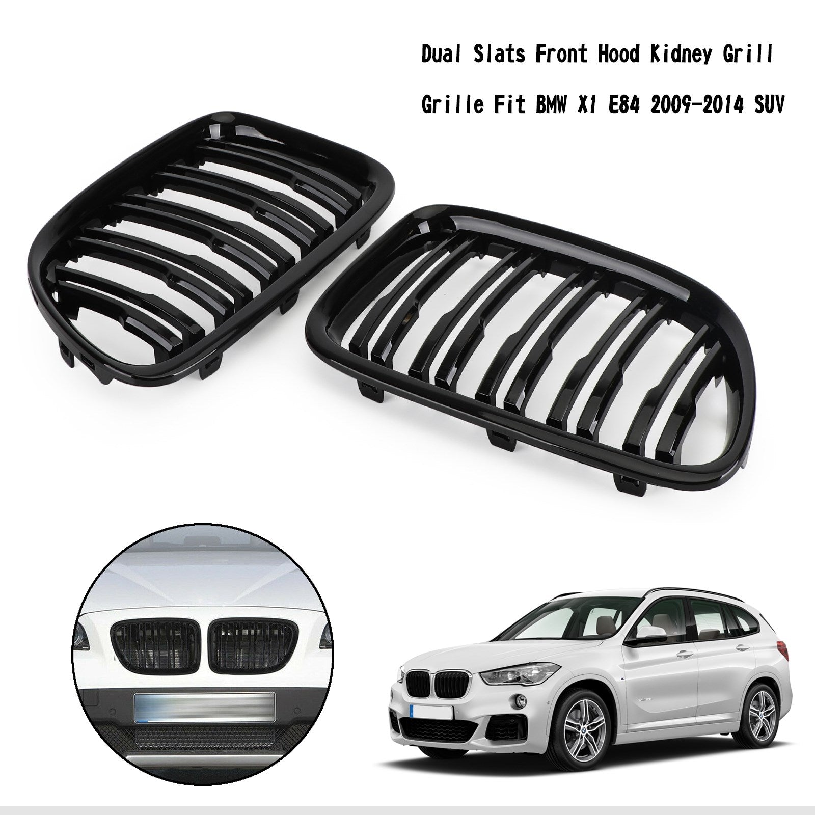 Gloss Black Dual Slats Front Hood Kidney Grill Grille Fit BMW X1 E84 2009-14 SUV Generic