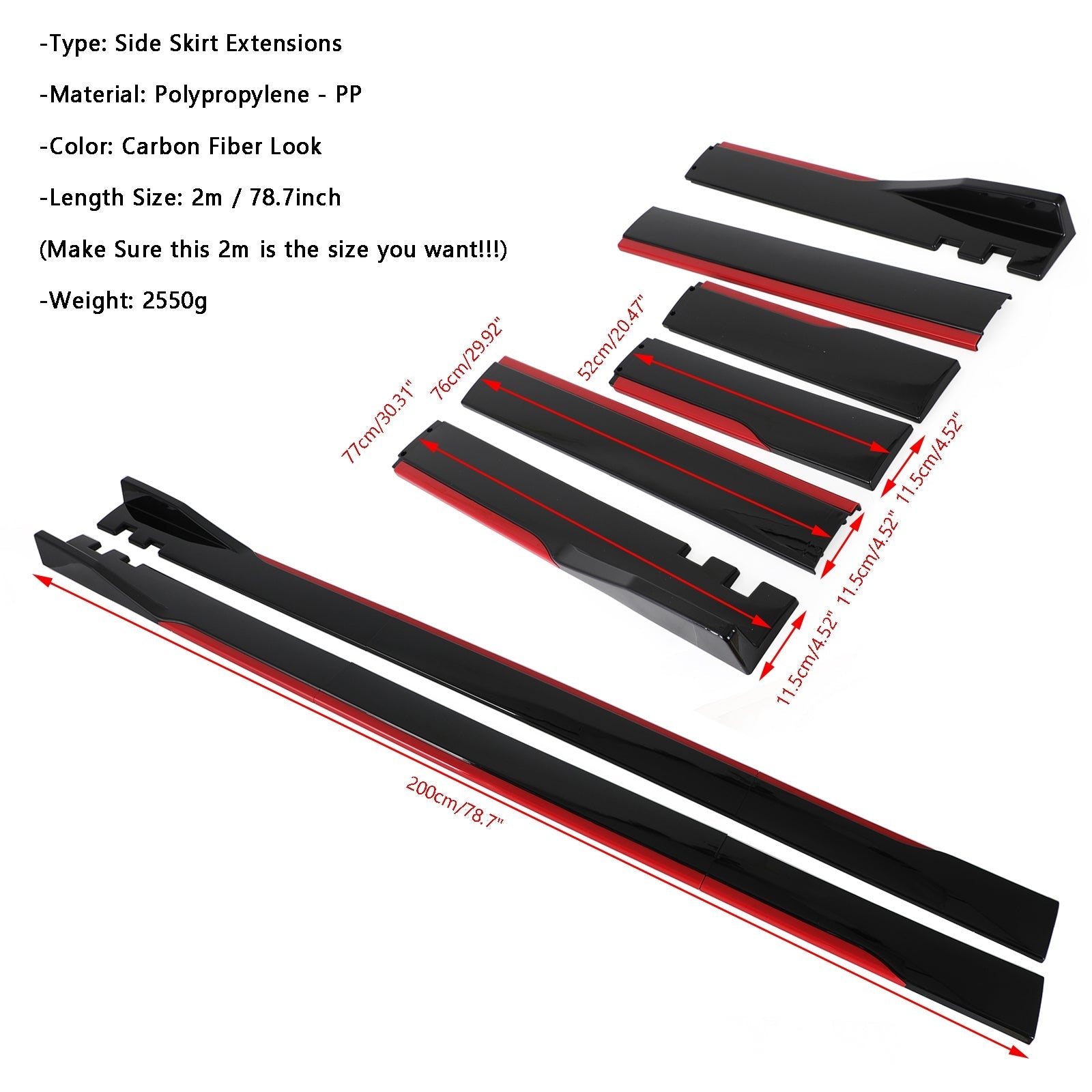 78.7" Universal Side Skirt Extensions Rocker Panel Splitters Lip Polypropylene