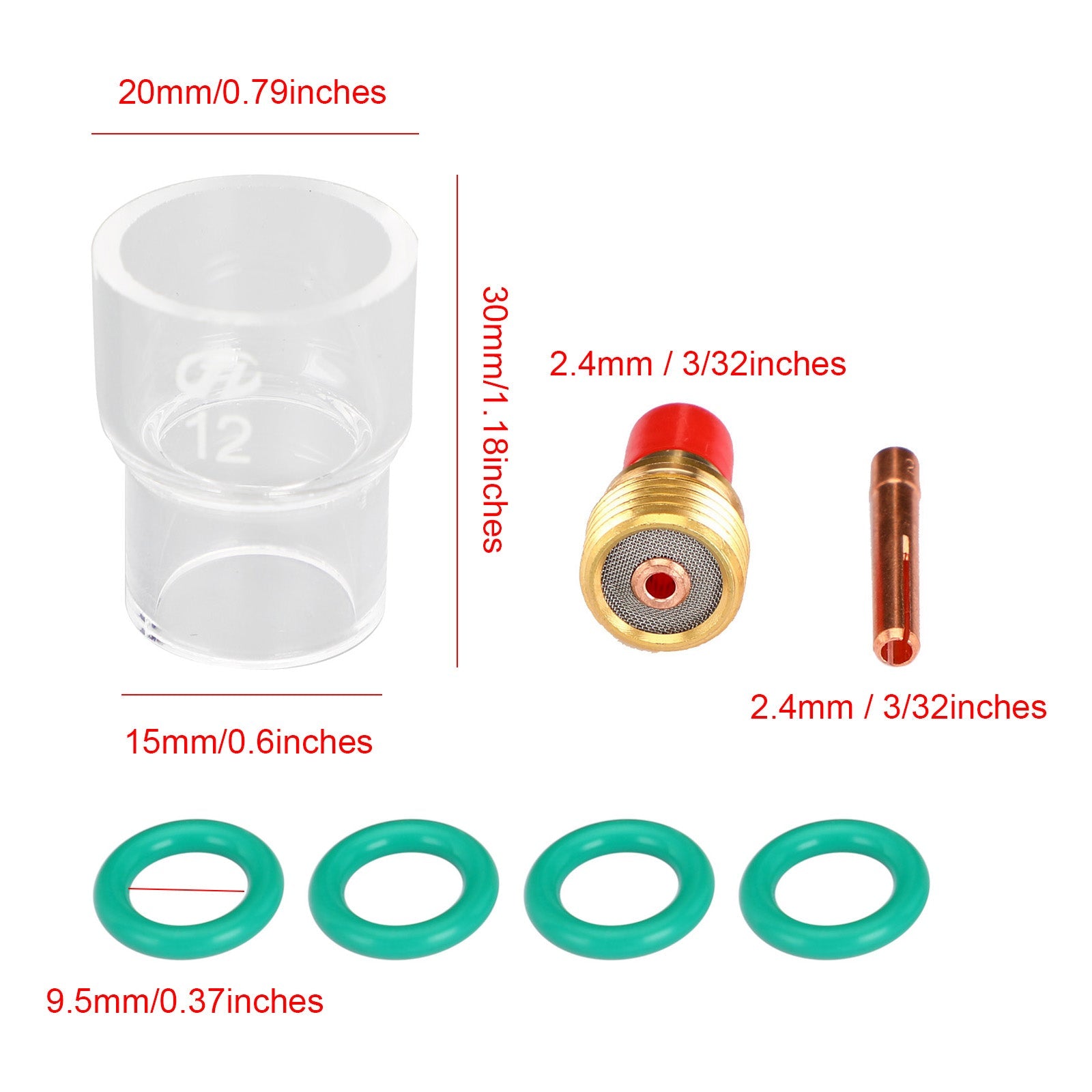 7 Uds soplete de soldadura TIG Stubby Gas Lens Pyrex Glass Cup Kit para WP-9/20/25