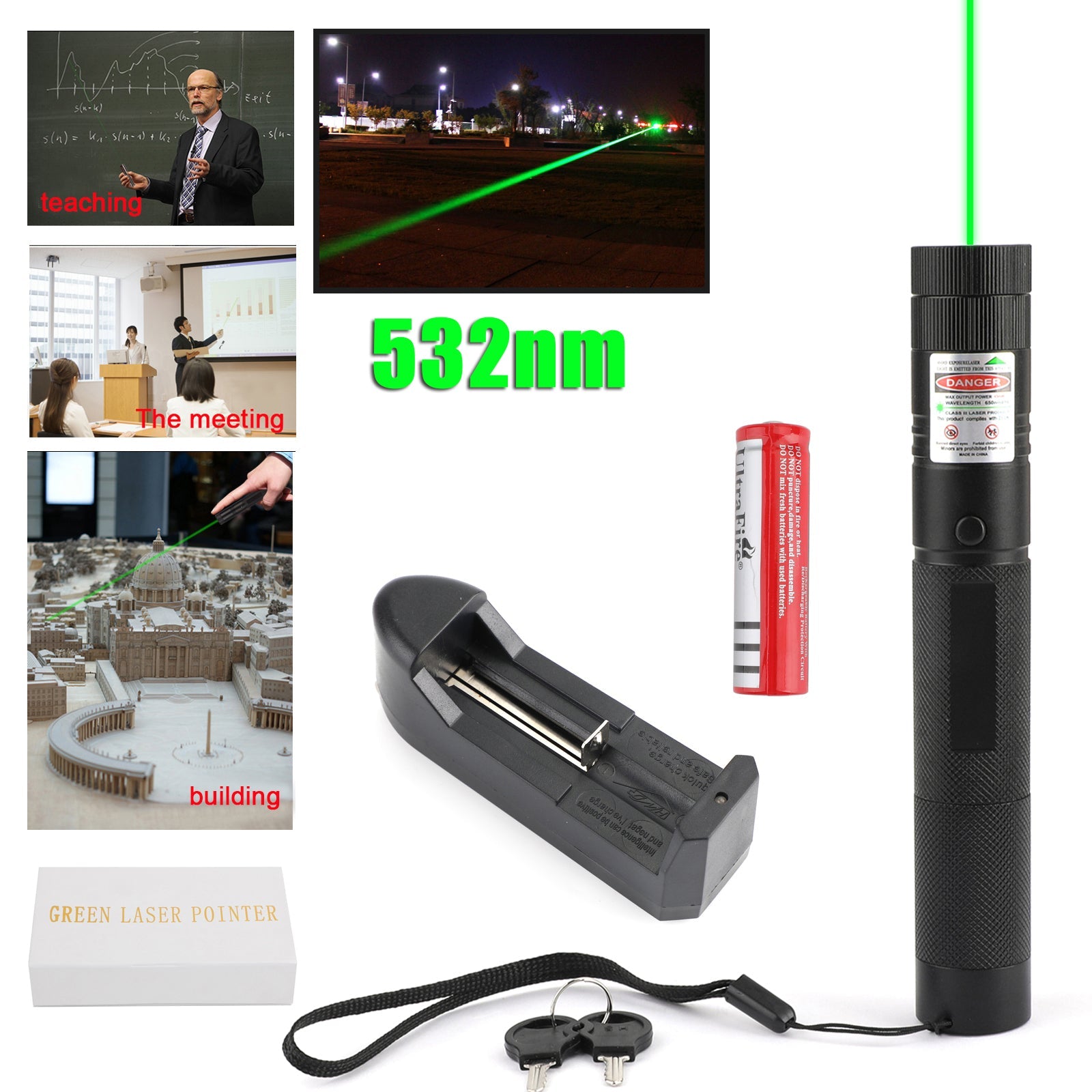 500Mile 532nm 303 Green Laser Pointer Visible Beam Light Lazer Pen+18650+Charger