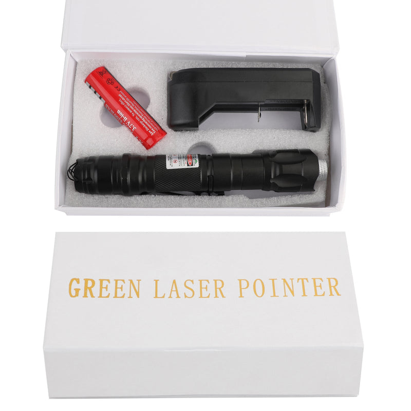 قلم مؤشر ليزر أخضر عسكري 532 نانومتر شعاع مرئي + بطارية + غطاء نجمة + 18650 + شاحن