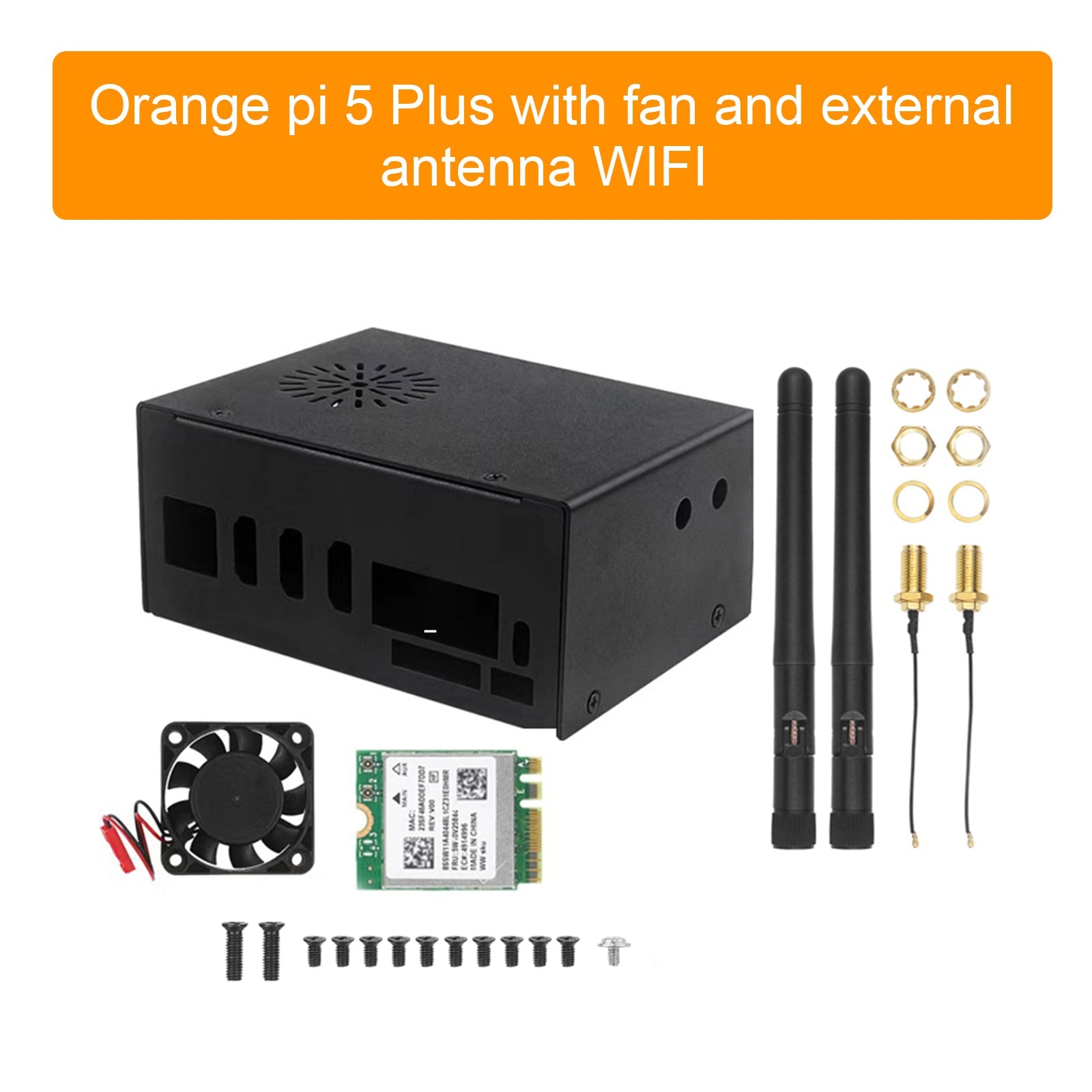 مناسب لحافظة التبريد المعدنية Orange pi 5 Plus مع مروحة وهوائي خارجي WIFI