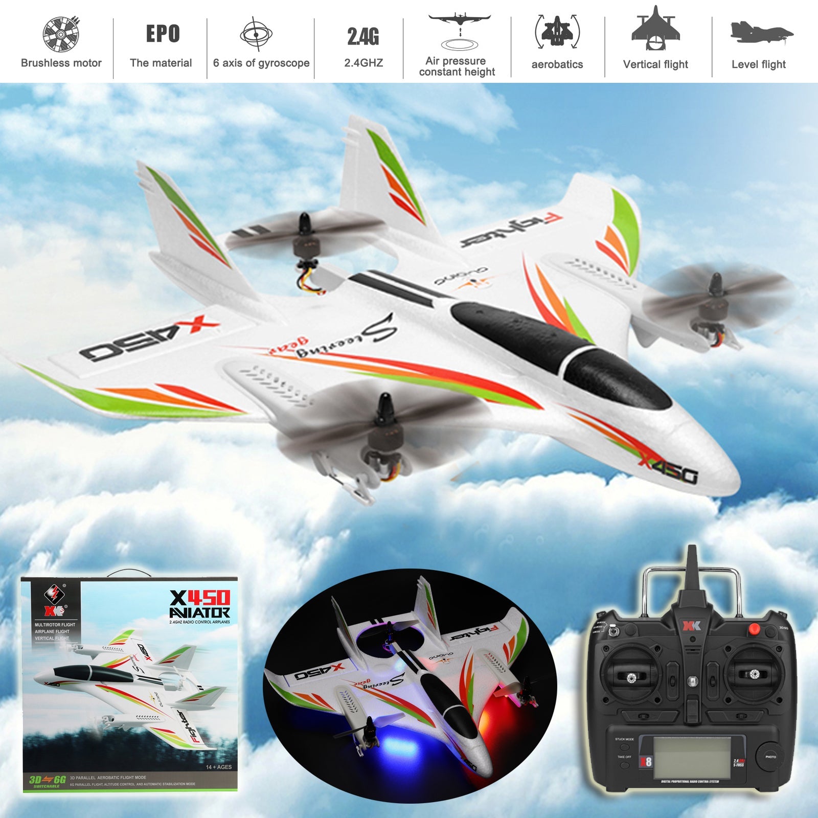 WLtoys XK X450 RC Avión Sin Escobillas 2.4G 6CH 3D/6G LED Ala Fija RTF