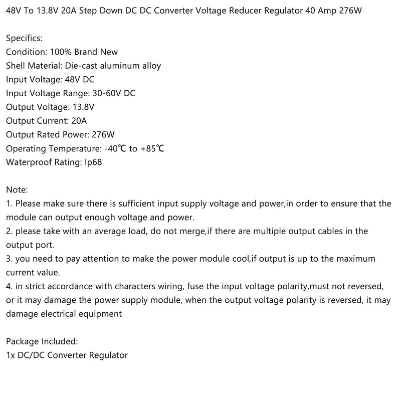 WaterProof 48V to 13.8V 20A 276W Step Down DC/DC Power Converter Regulator