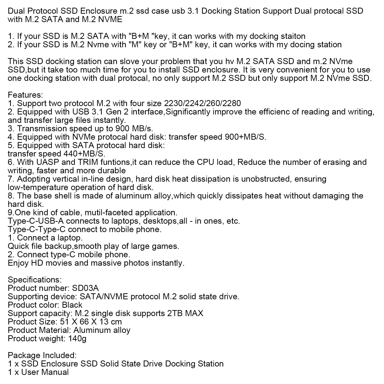 USB3.1 Docking Station Support Dual protocal SSD with M.2 SATA and M.2 NVME