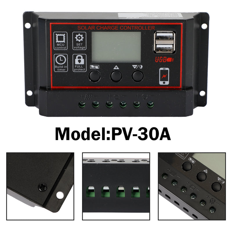 10A/20A/30A منظم الألواح الشمسية جهاز التحكم في الشحن PWM LCD مزدوج USB 12V/24V