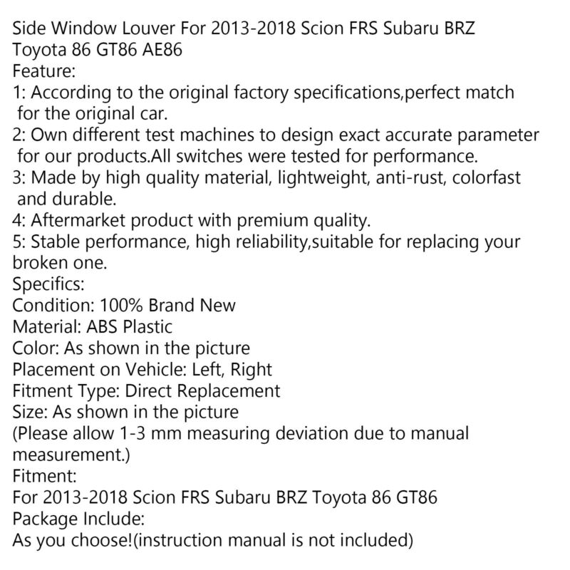 Rejilla de ventana lateral de carbono para 2013-2018 Scion FRS Subaru BRZ Toyota 86 GT86 genérico