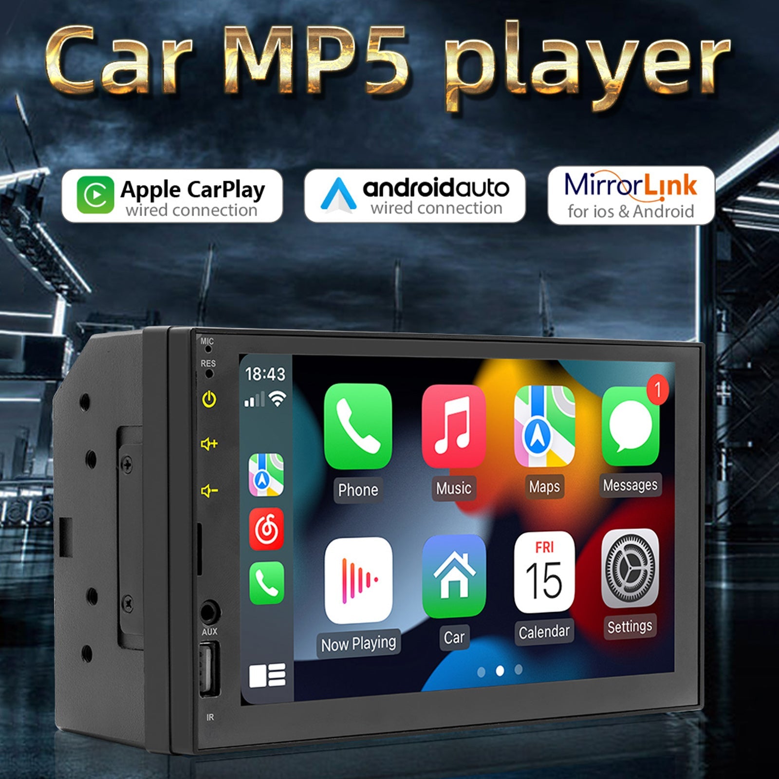 Reproductor MP5 Carplay con cable de 7 ", Bluetooth, MP3, tarjeta de coche, Radio + cámara de 4 LED