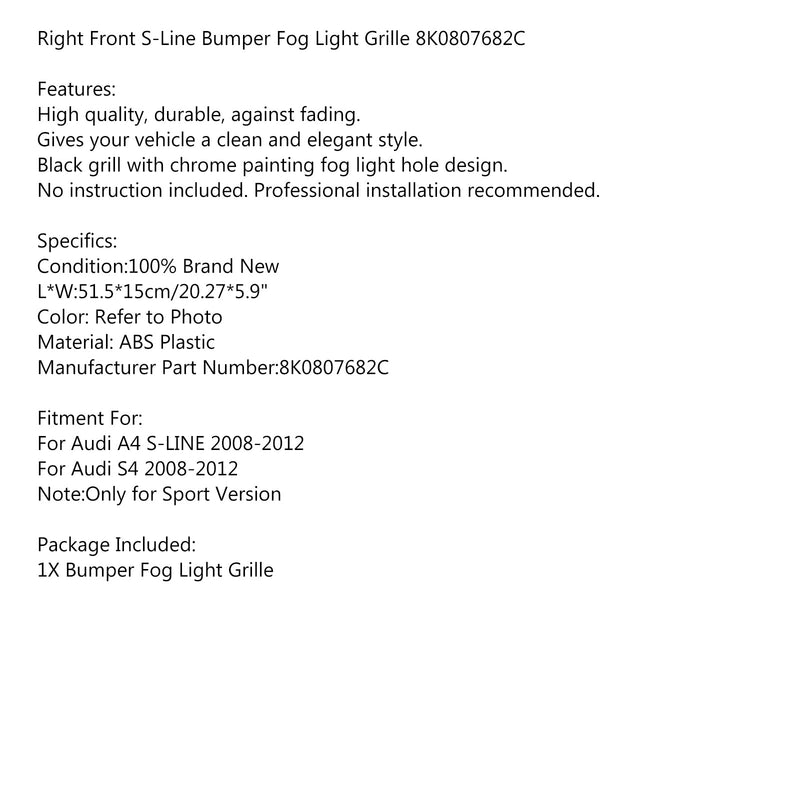 Right Bumper Black Fog Light Grille Cover For Audi A4 S-LINE S4 08-12 8K0807681C Generic