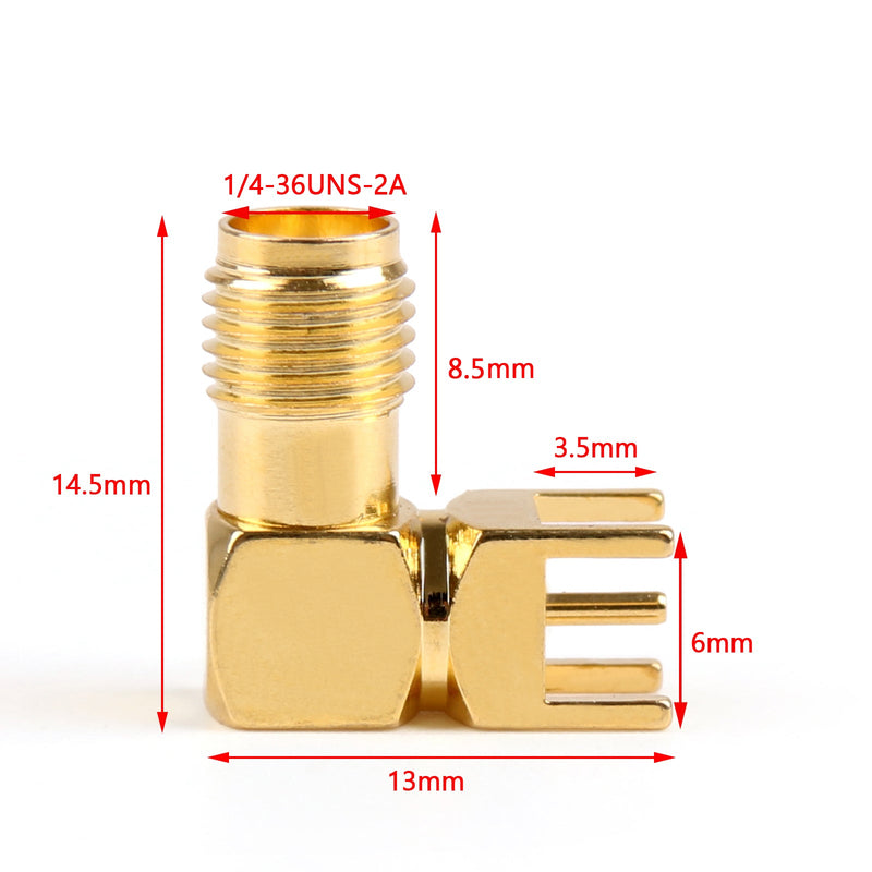 10 Uds. Conector RF de montaje en PCB de soldadura en ángulo recto hembra SMA chapado en oro de 14,5mm