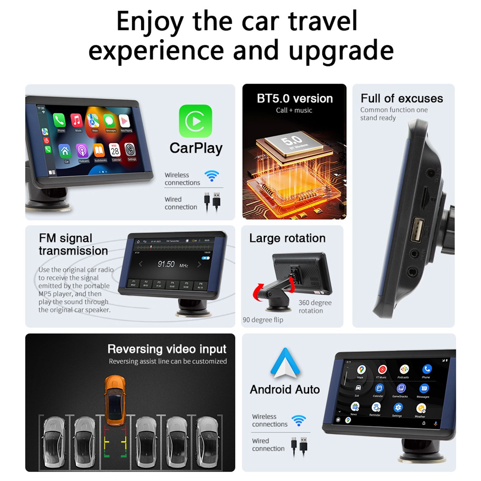 7" Portable Bluetooth Car MP5 Player Car Desktop Monitor Wireless Carplay Camera