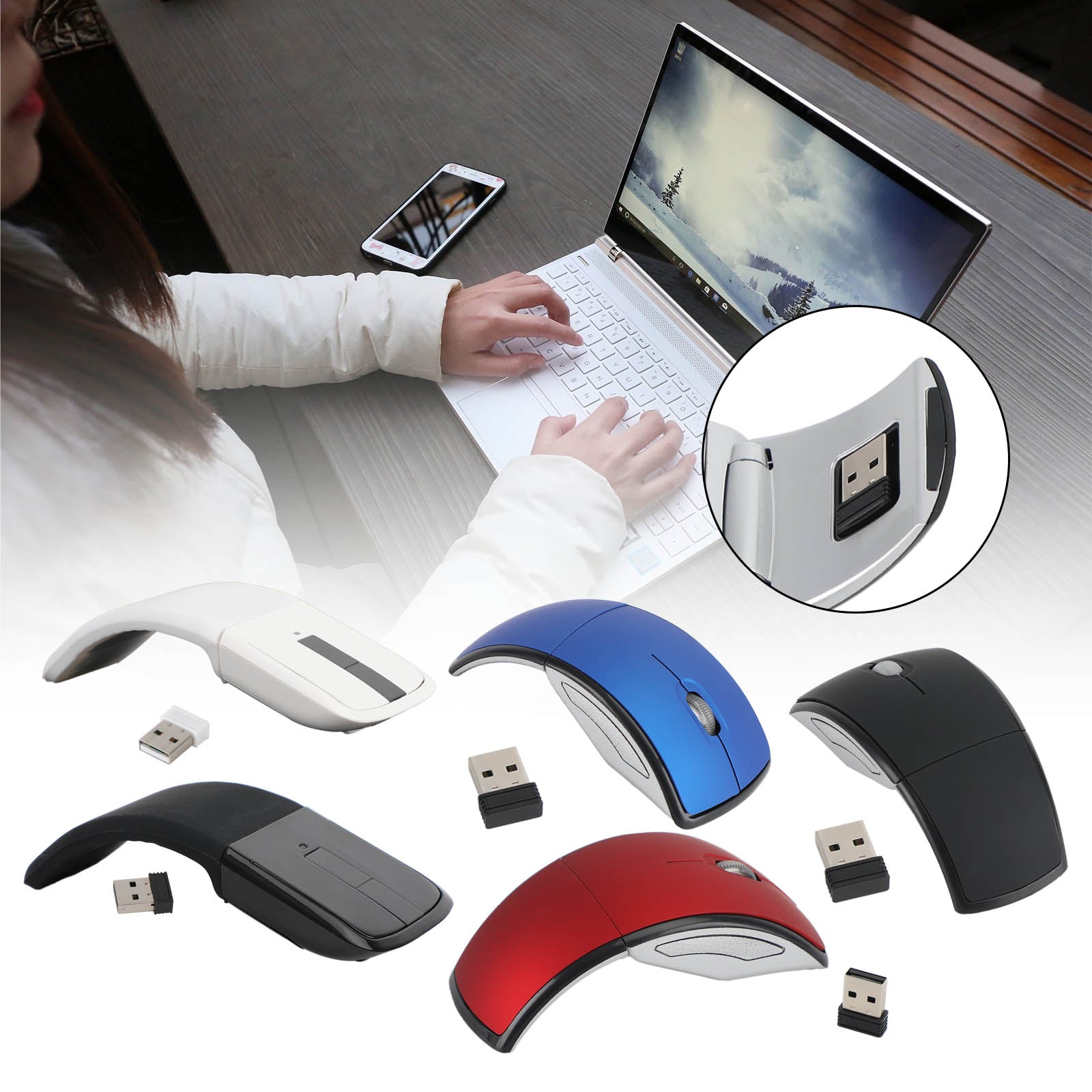 Touchscreen Mouse Foldable Arc Touch Wireless Mouse 2.4GHz Optical Touch Receiver PC Lap