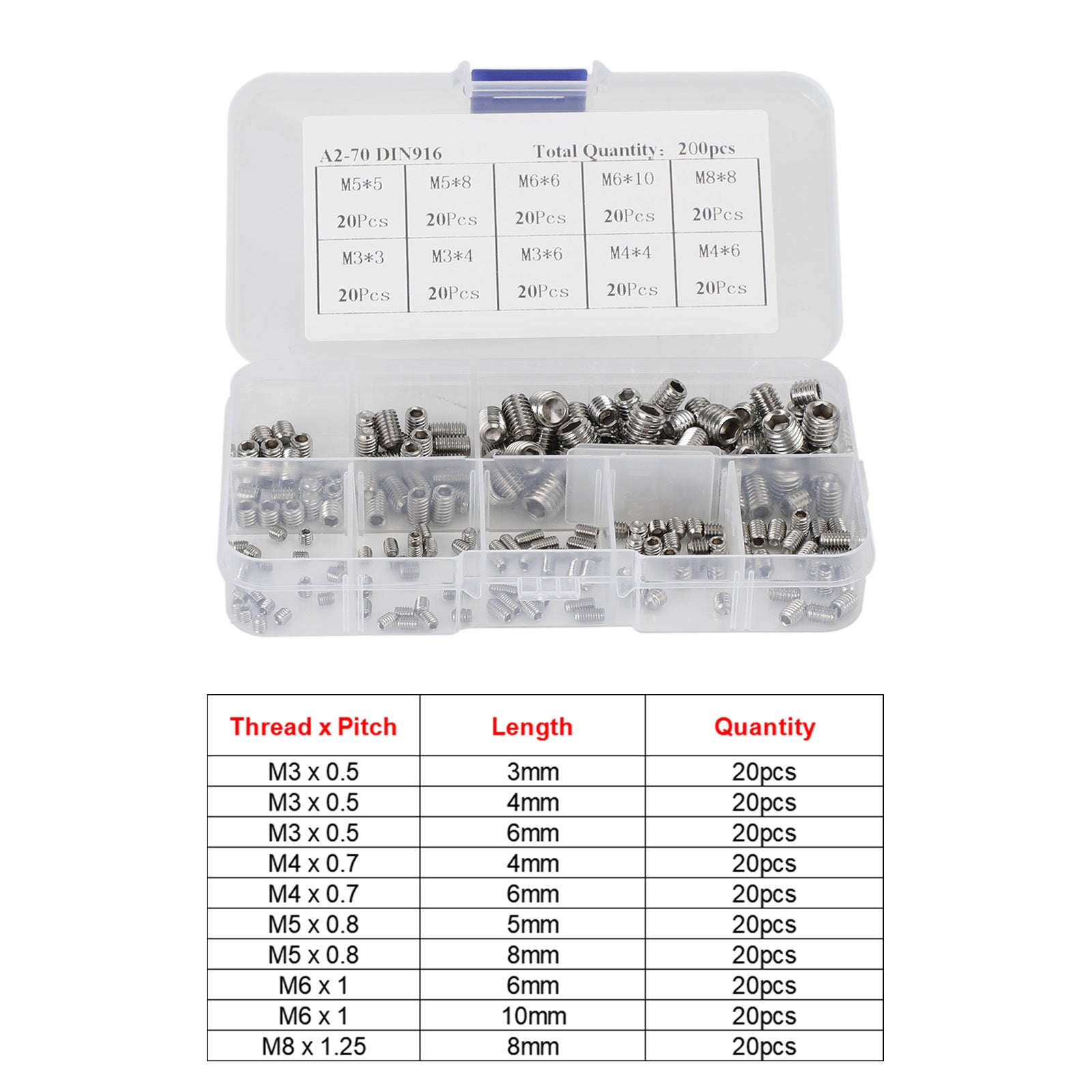 200Pcs Stainles Steel M3-M8 Hex Socket Set Screw Grub Screws Assortment Kit