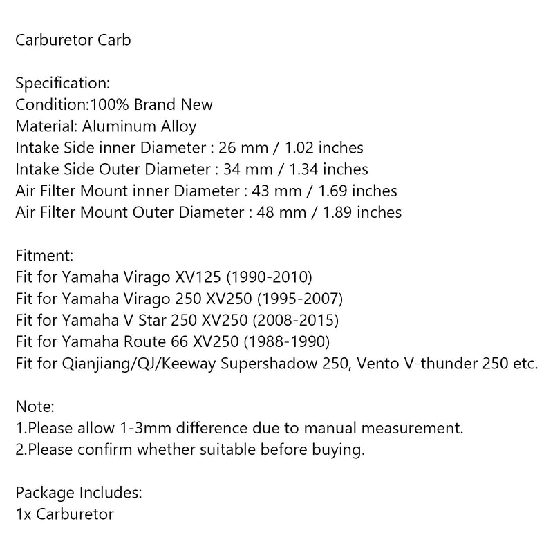 CARBURADOR CARB para YAMAHA Virago XV125 VSTAR 250 VIRAGO 250 ROUTE66 XV250 Genérico