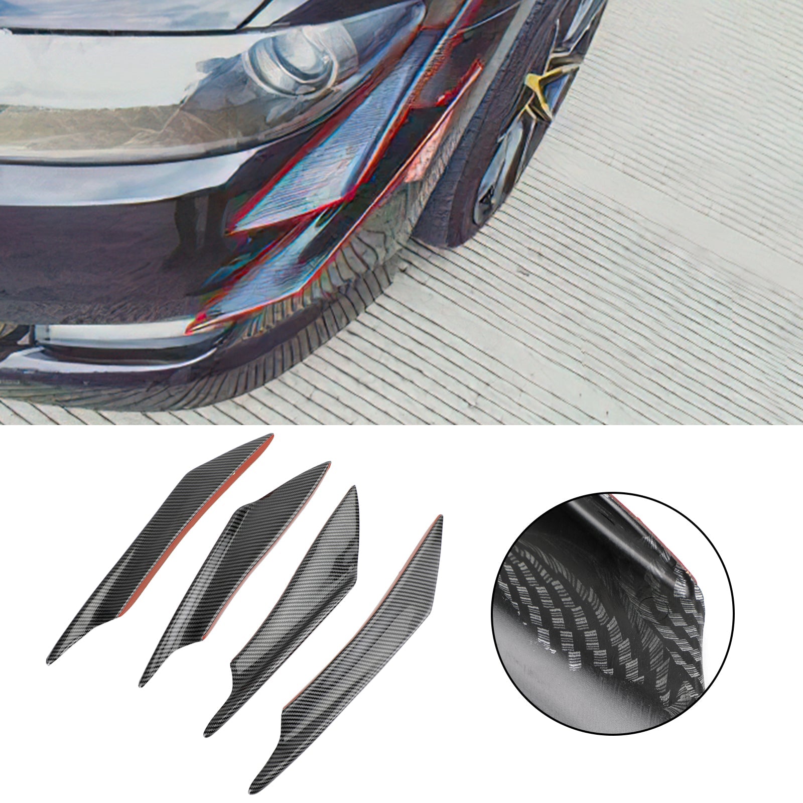 4pcs Universal Front Bumper Fins Body Splitter Spoiler Canards Carbon Fiber Look