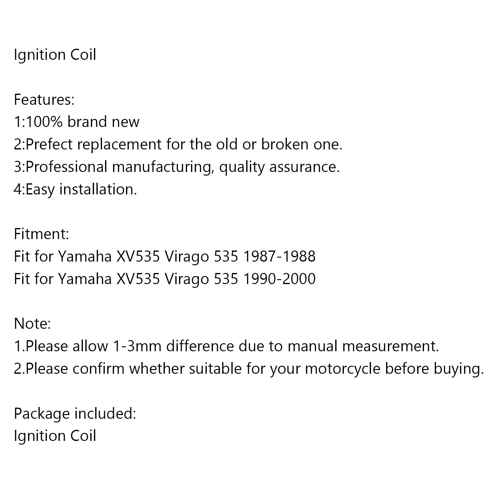 Ignition Coil for Yamaha Virago 535 XV535 1987-1988 /  1990-2000 Generic