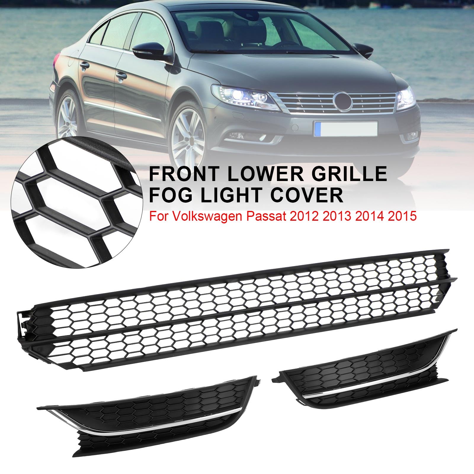 Volkswagen Passat 2012-2015 Front Lower Grille + Fog Light Cover W/O Hole Combo Set