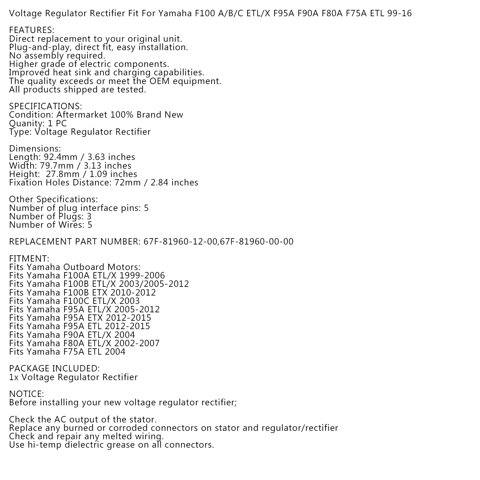 Rectifier Regulator for Yamaha Outboard PN/ 67F-81960-12-00 67F-81960-00-00 Generic