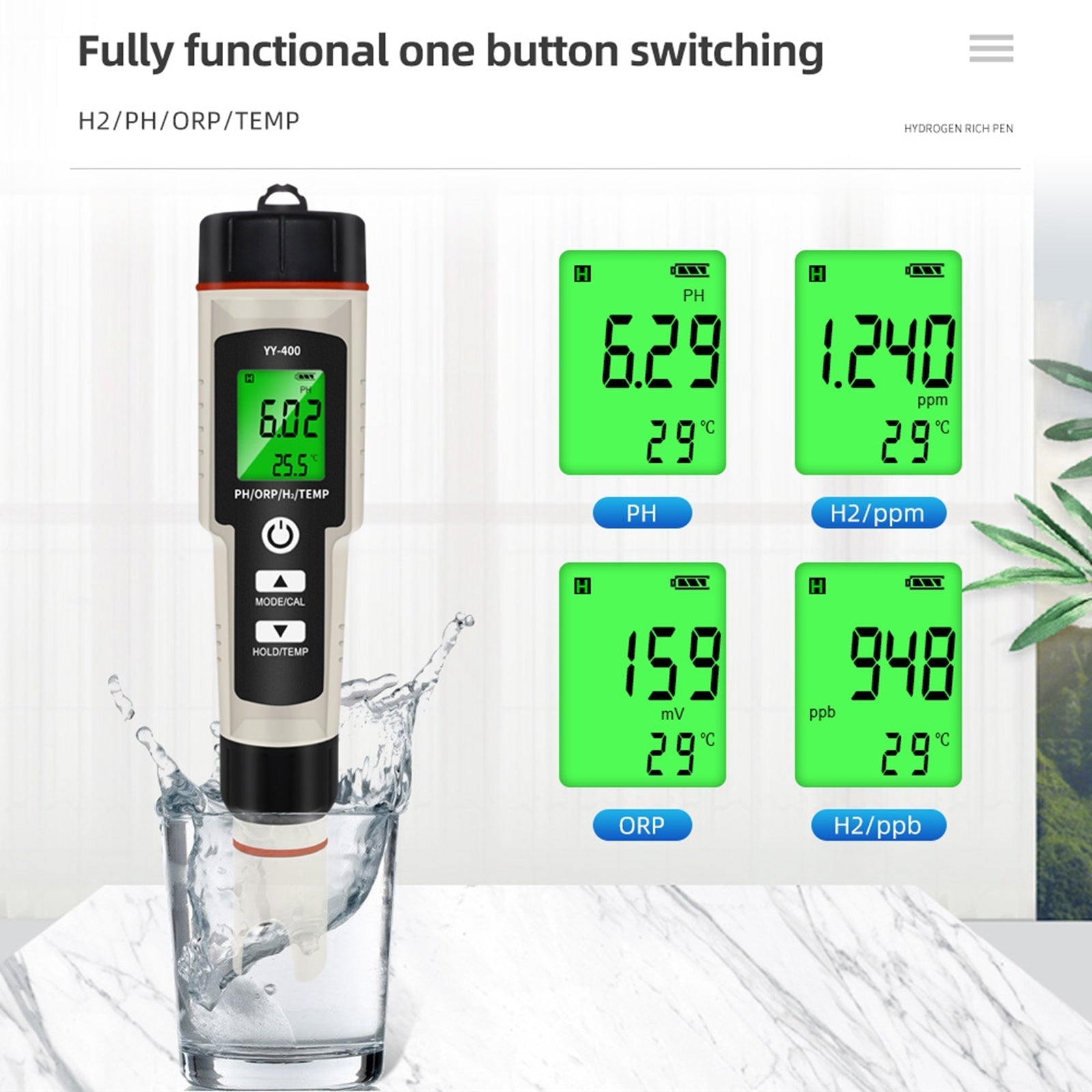 Portable 4 In 1 Hydrogen-Rich Test Pen H2 Enrichment PH/ORP/TEMP Water Quality Meter Tester