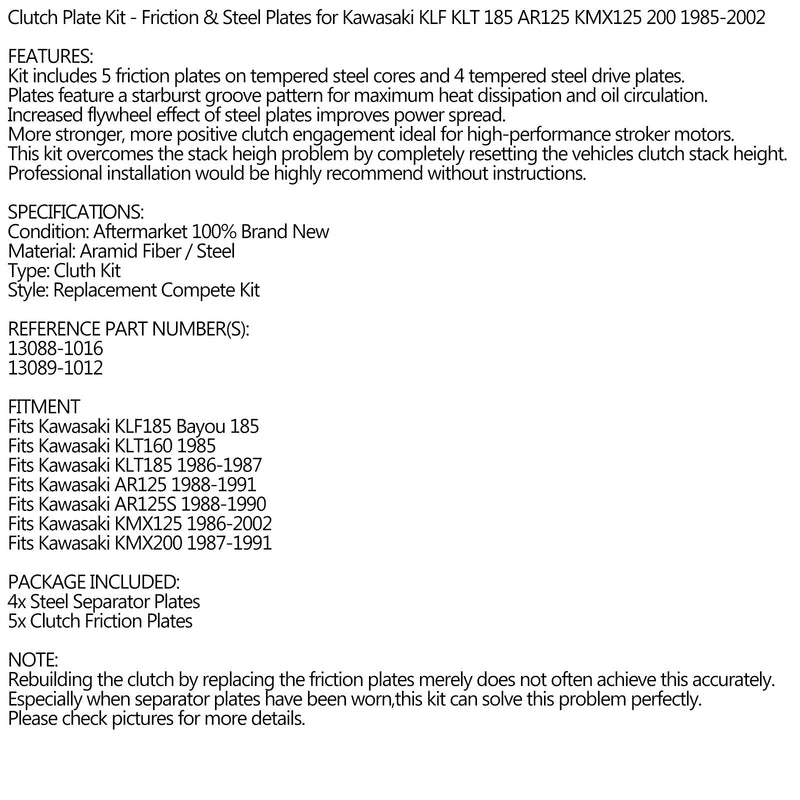 طقم القابض الفولاذي وألواح الاحتكاك لـ Kawasaki KLF KLT 185 KMX125 200 1985-2002 Generic