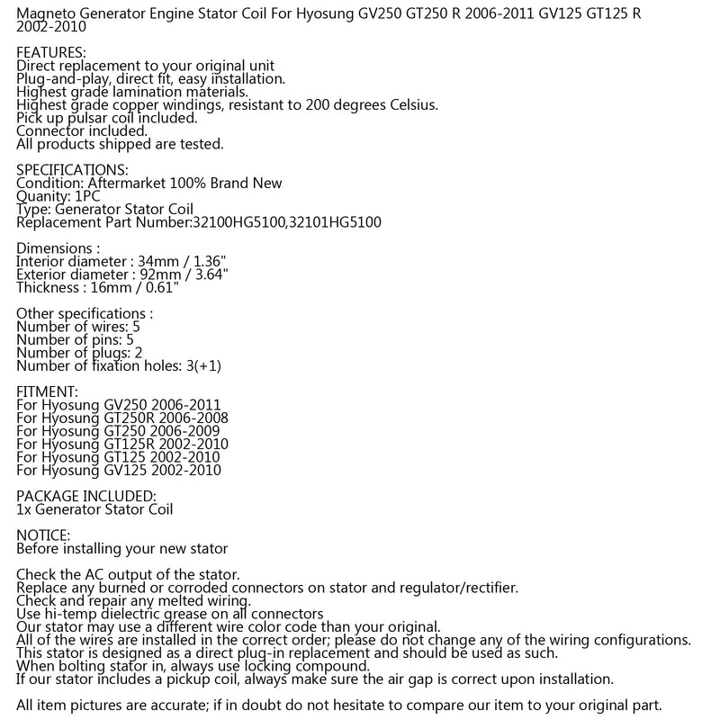 المولد المتحدة موتورز الجزء الثابت لفائف ل Hyosung GV250 GT250R GT250 2006-2011