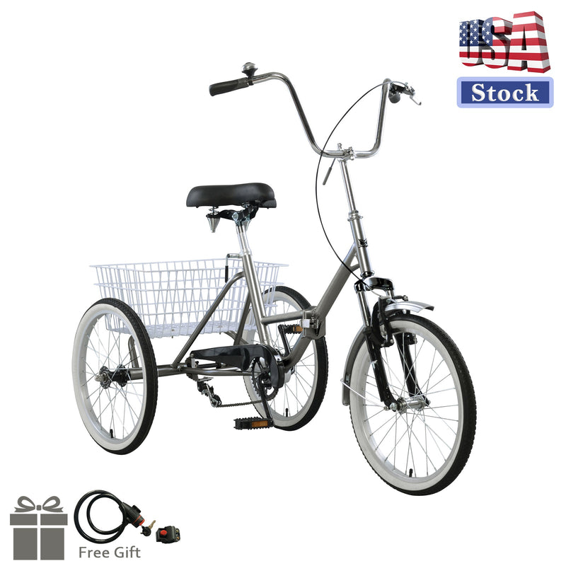 Triciclo plegable gris de 20 pulgadas, triciclo plegable para adultos, bicicleta de 3 ruedas