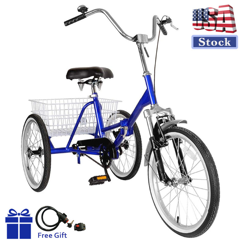 Triciclo plegable de 20 pulgadas, triciclo para adultos plegable azul, bicicleta de 3 ruedas