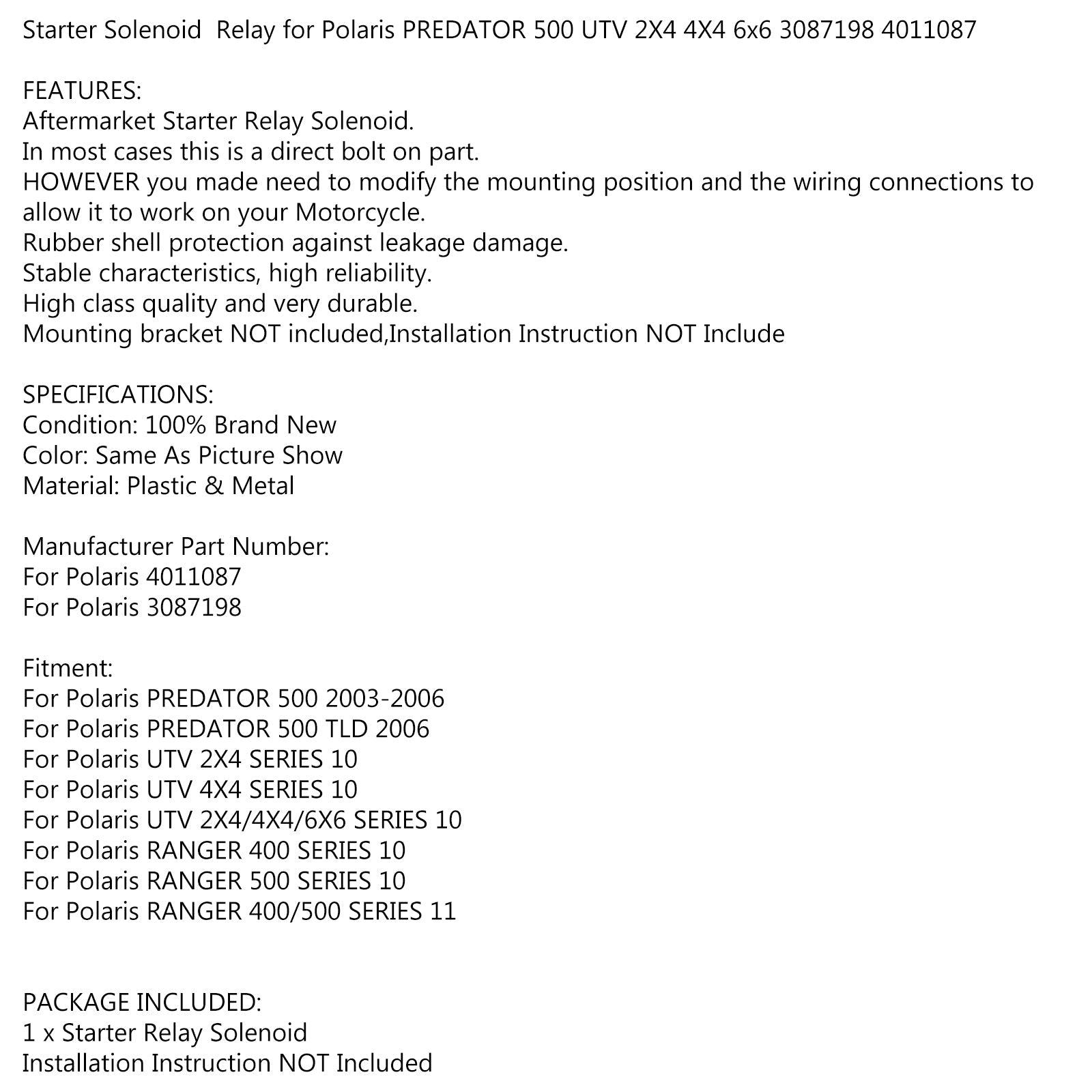 Starter Relay Solenoid for Polaris RANGER 400 500 SERIES 10/11 3087198 4011087 Generic