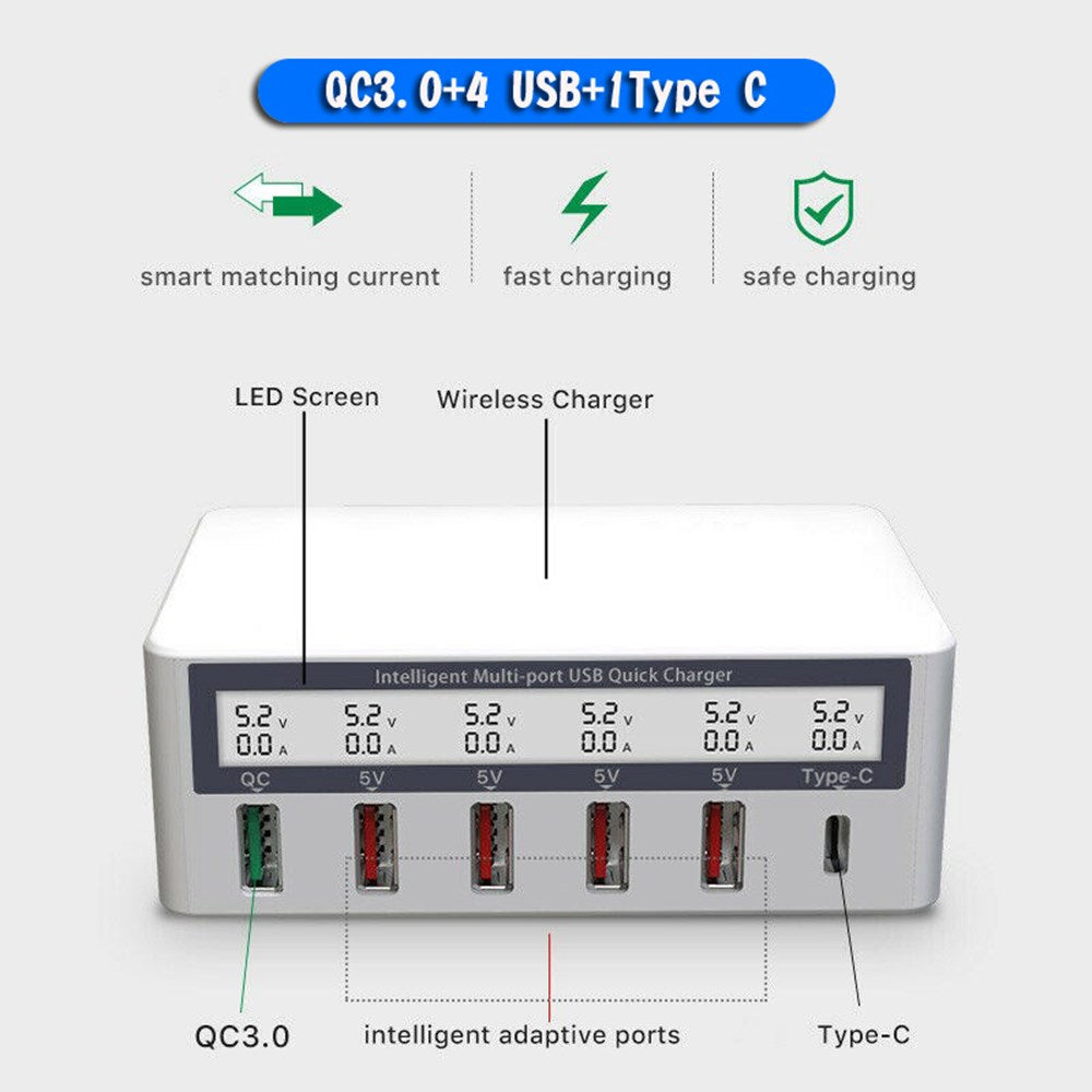 Multiport Quick USB Charger Station With Wireless Charging Pad LCD Display EU