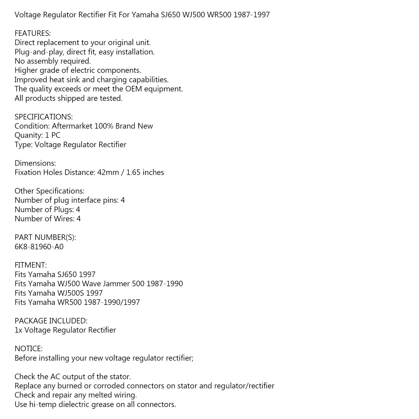 Voltage Rectifier Regulator for Yamaha Wave Runner 500 Super Jet 650 PWC 1987-90 Generic