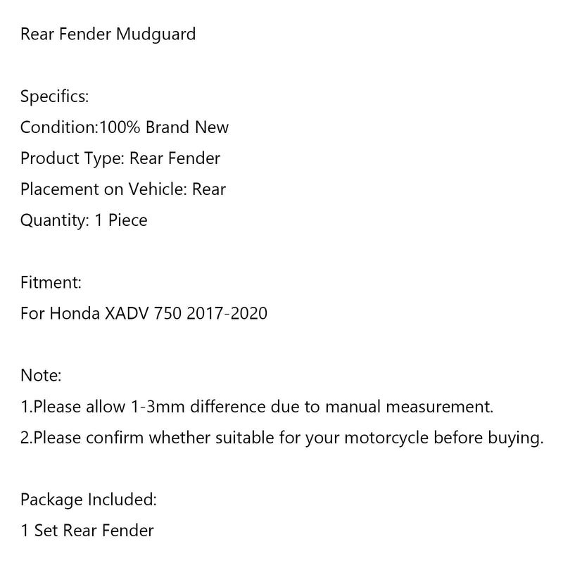 واقي خلفي من الطين للإطارات النارية للدراجة النارية Honda XADV 750 2017-2020 Generic