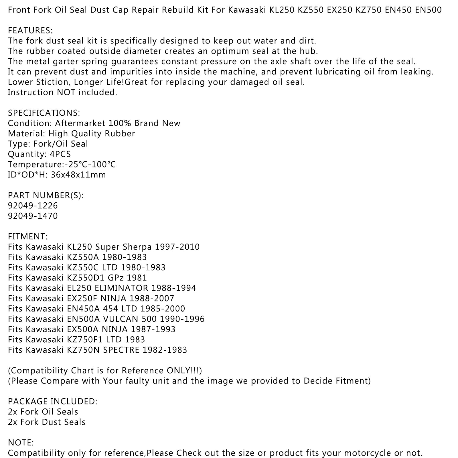 Front Fork Oil Seal Dust Seal Kit for Kawasaki EL EN EX EL450 EL250 EN500 85-07 Generic
