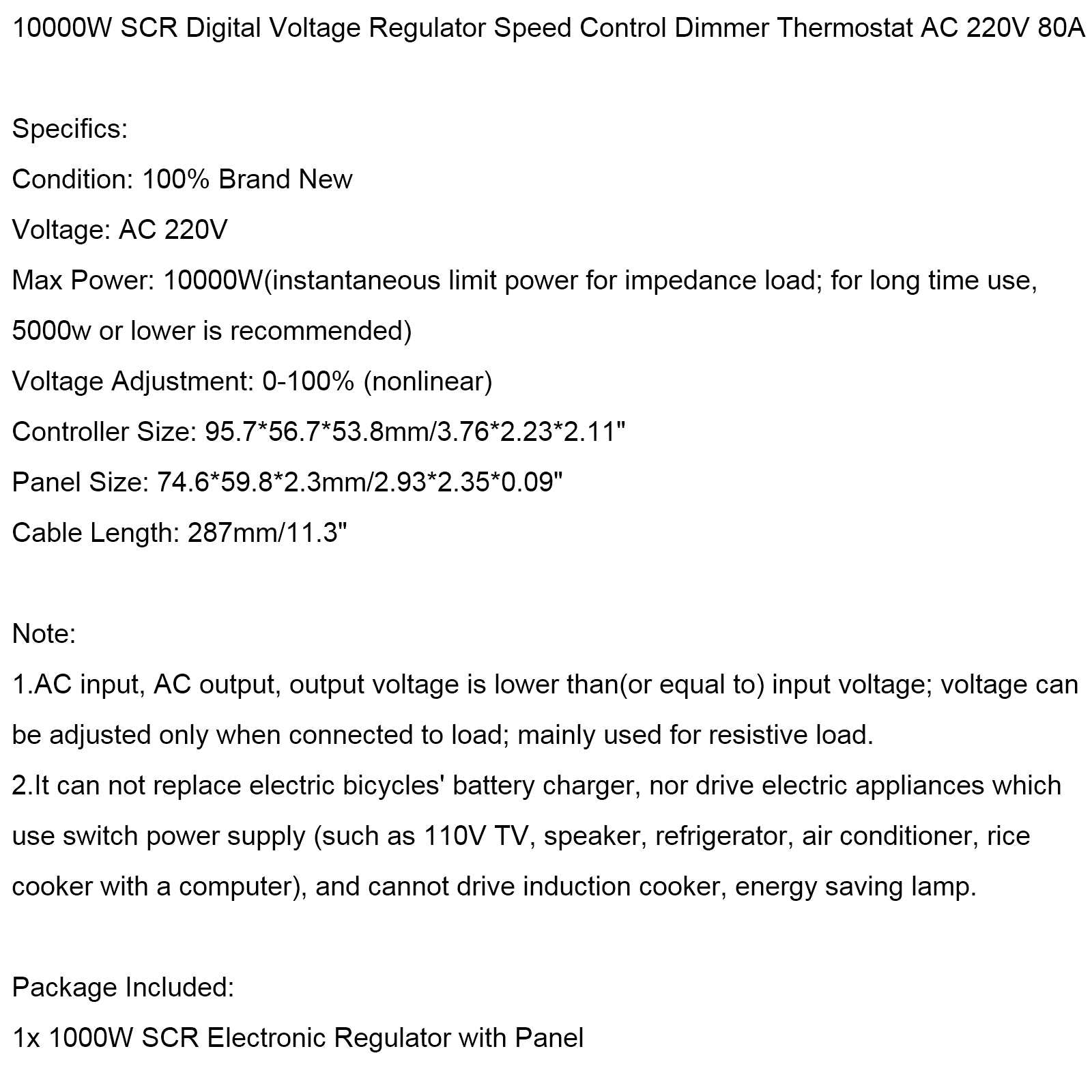 10000W SCR Digital Voltage Regulator Speed Control Dimmer Thermostat AC 220V 80A